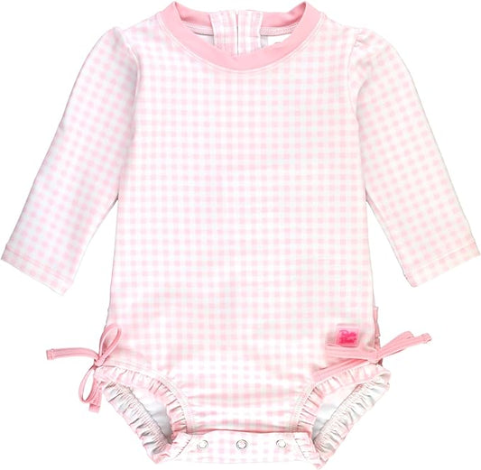 Pink gingham one piece rashguard swimsuit