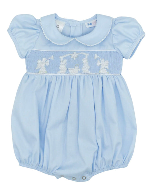 Girls Smocked Blue Nativity Bubble