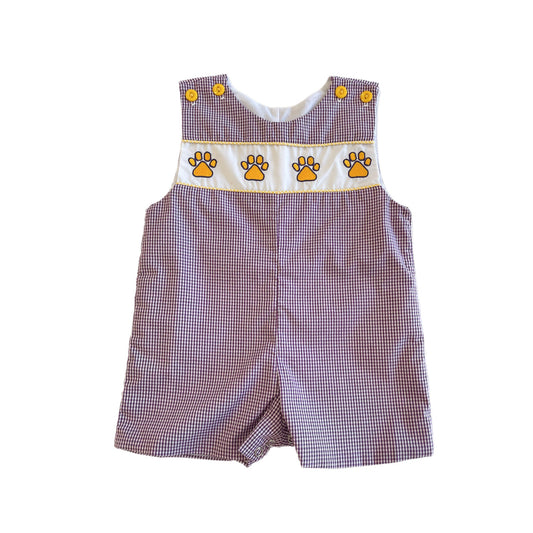 Purple Gingham Paw Embroidered Shortall