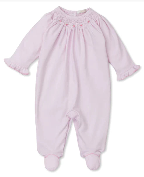 Pink Footie with Smocked Bishop Collar