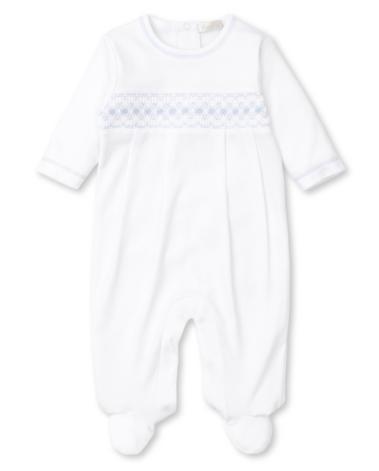 Kissy Kissy white w/light blue footie with hand smock