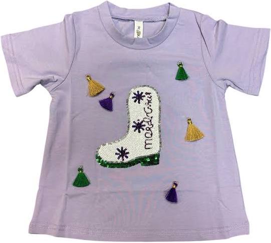 Mardi Gras 3D Sequin Boot Short Sleeve T-Shirt