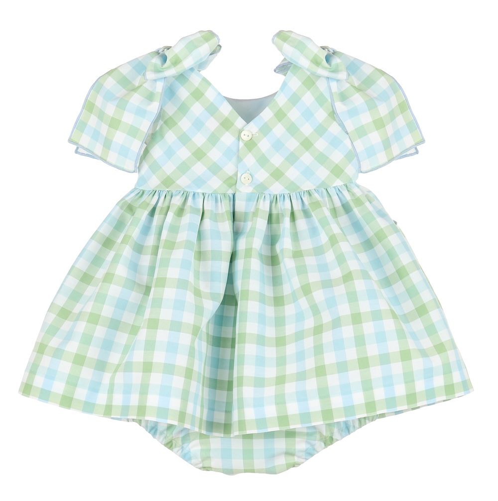 GREEN AND BLUE PASTEL PLAID BOW DRESS